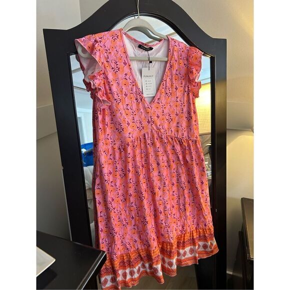 NEW Maternity Pink Ruffle Cap V Neck Floral Boho Dress L - Picture 5 of 5